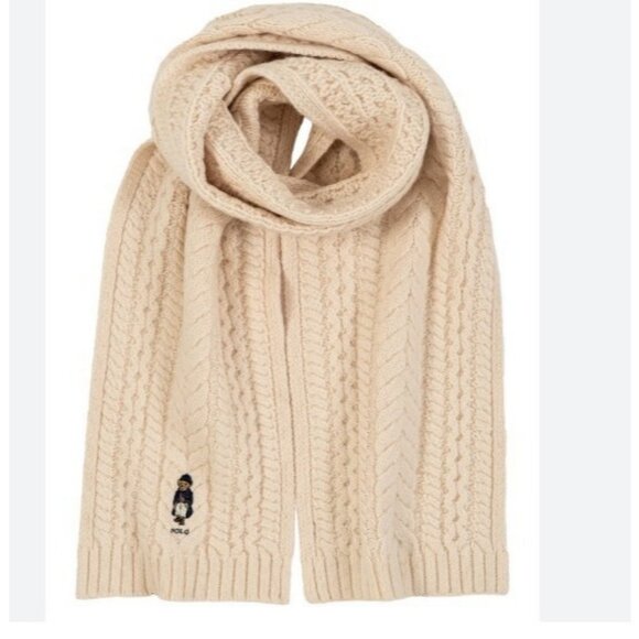 POLO BY RALPH LAUREN cable knit wool blend bear women's winter scarf - Cream - Picture 1 of 8